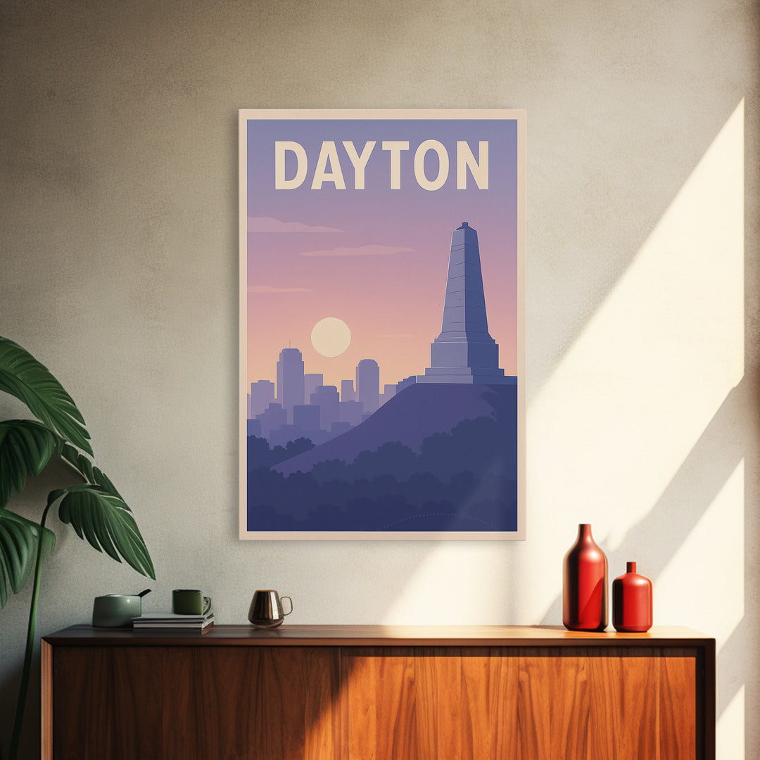 Dayton Ohio Travel Poster, Framed Canvas Print, Mid Century City Wall Art, Dayton Poster Print, Watercolor City Skyline, Retro Travel Print