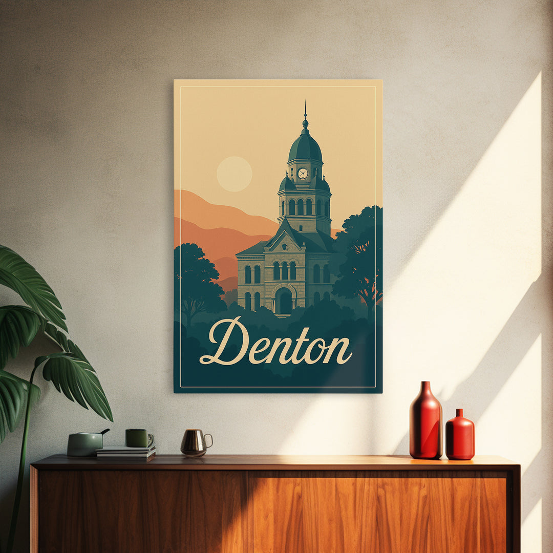 Denton Texas Travel Poster, Canvas Print, Retro Sunset Skyline Art, Denton Travel Art, Travel Poster Set, Wanderlust Decor, City Poster