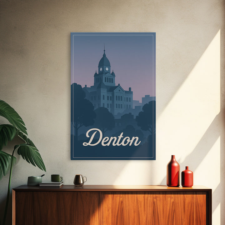 Denton Travel Poster, Framed Canvas Print, Retro Sunset Skyline Art, Denton Poster Print, Vintage Travel Art, City Travel Prints