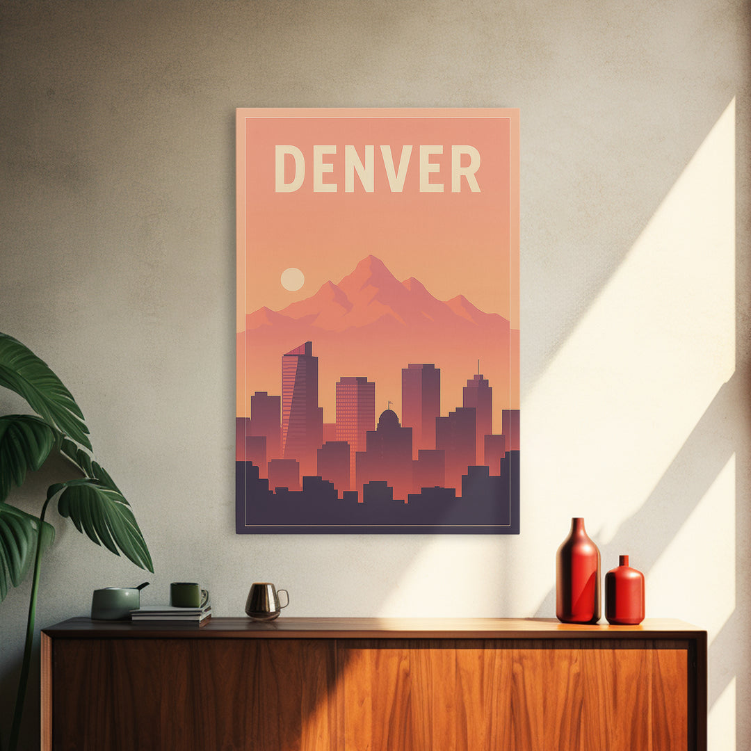 Denver Travel Poster, Framed Canvas Print, Retro Sunset Skyline Art, Denver Poster Print, Travel Poster Set, Travel Art Print, Wall Art