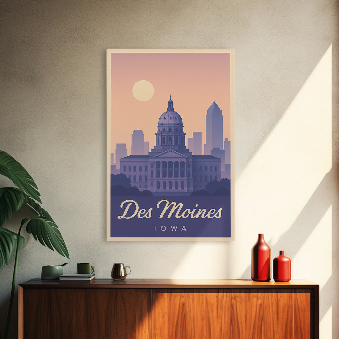 Des Moines Travel Poster, Framed Canvas Print, Retro Sunset Skyline Art, Des Moines Art Print, Vintage Travel Art, City Art Print