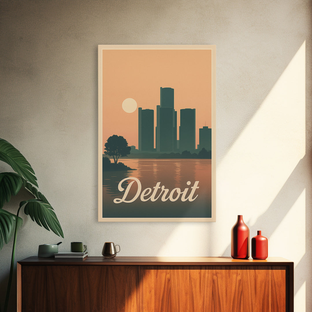 Detroit Travel Poster, Canvas Print, Retro Sunset Skyline Art, Detroit Poster Print, Home Office Decor, Travel Wall Decor, Travel Art Print