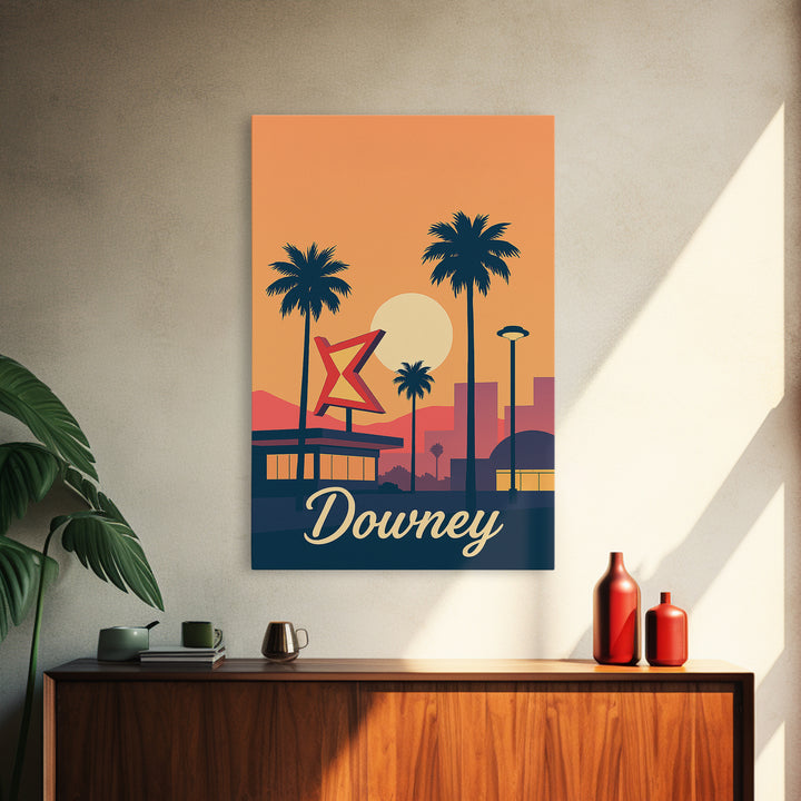 Downey California Travel Poster, Canvas Print, Retro Sunset Skyline Art, Downey City Art, Wanderlust Decor, Living Room Wall Art, Wall Art