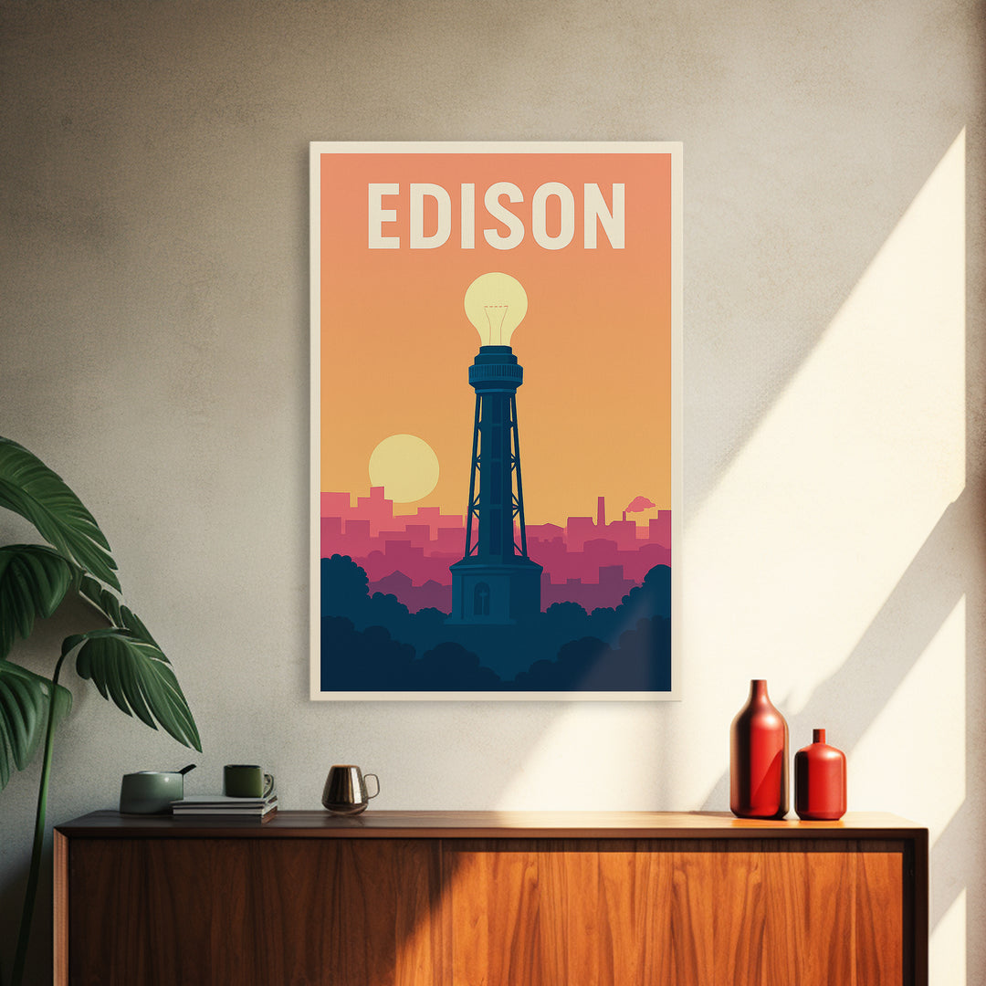 Edison Travel Poster, Framed Canvas Print, Mid Century City Wall Art, Edison Travel Art, Mid Century Wall Art, Watercolor Skyline