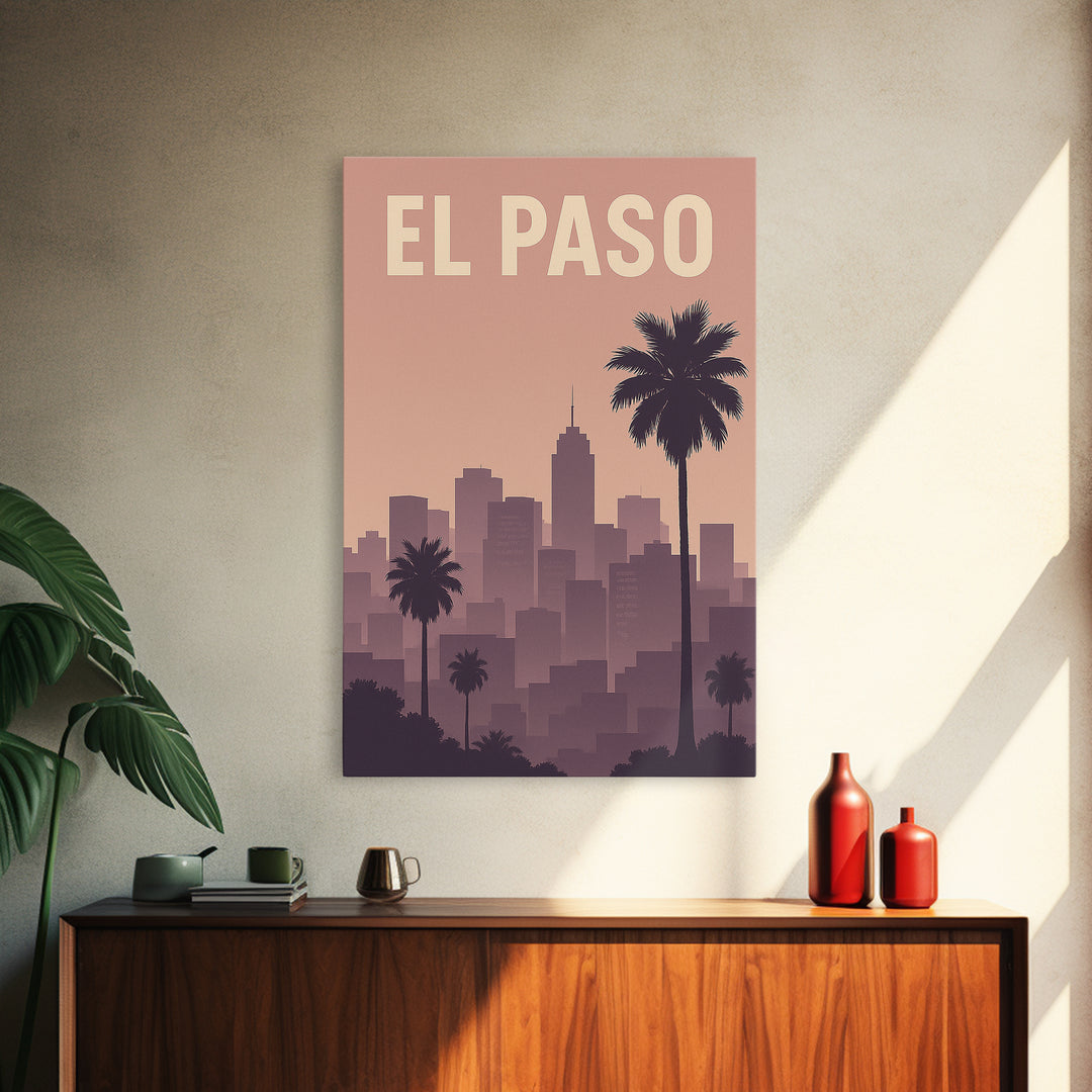 El Paso Travel Poster, Framed Canvas Print, Retro Sunset Skyline Art, El Paso Travel Art, Fine Art Print, Travel Wall Decor, City Poster