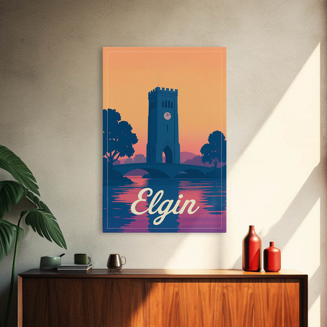 Elgin Illinois Travel Poster, Canvas Print, Retro Sunset Skyline Art, Elgin Poster Print, Fine Art Print, Retro Travel Print, Travel Posters