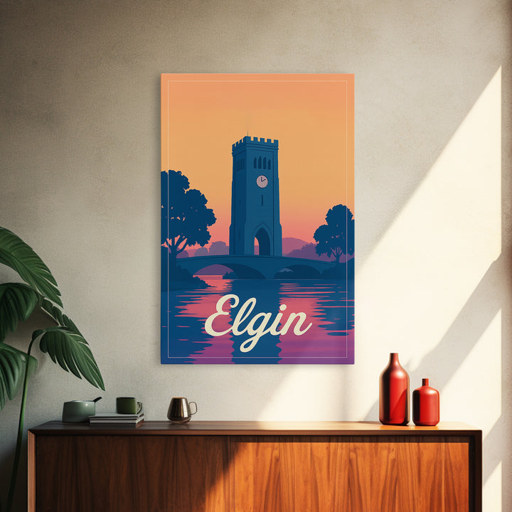 Elgin Illinois Travel Poster, Canvas Print, Retro Sunset Skyline Art, Elgin Poster Print, Fine Art Print, Retro Travel Print, Travel Posters