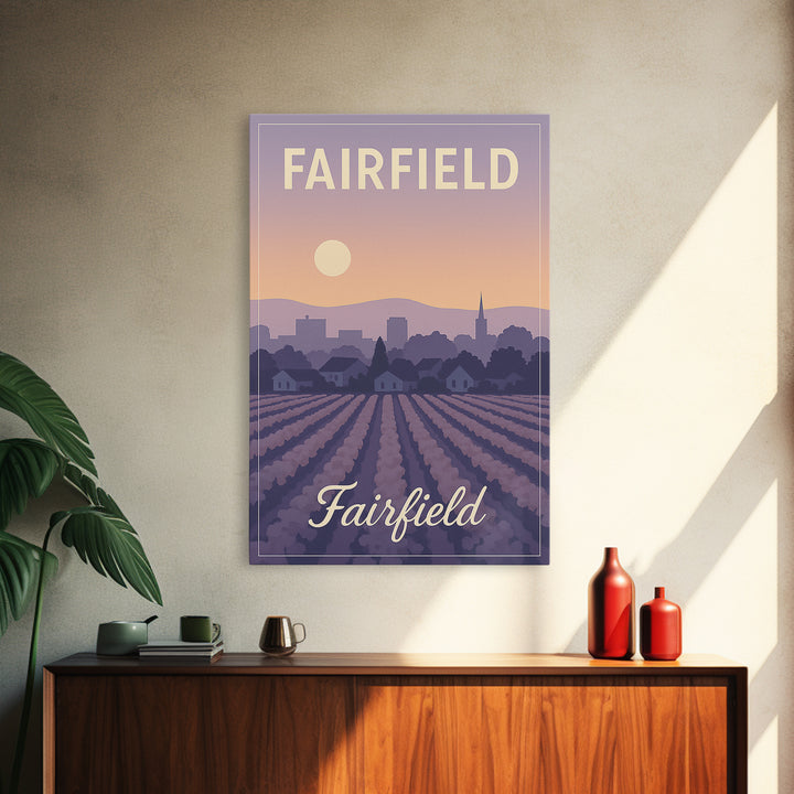 Fairfield Travel Poster, Canvas Print, Retro Sunset Skyline Art, Fairfield Poster Print, Travel Wall Decor, Home Office Decor, Design 2