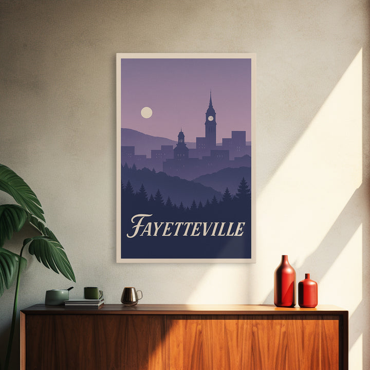 Fayetteville Travel Poster, Framed Canvas Print, Mid Century City Wall Art, Fayetteville Poster Print, Wanderlust Decor, Retro Travel Print
