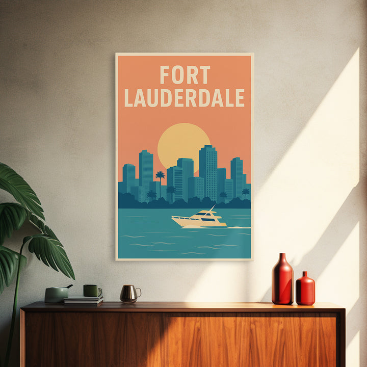 Fort Lauderdale Travel Poster, Framed Canvas Print, Retro Sunset Skyline Art, Fort Lauderdale Wall Art, Vintage Travel Print, Design 2