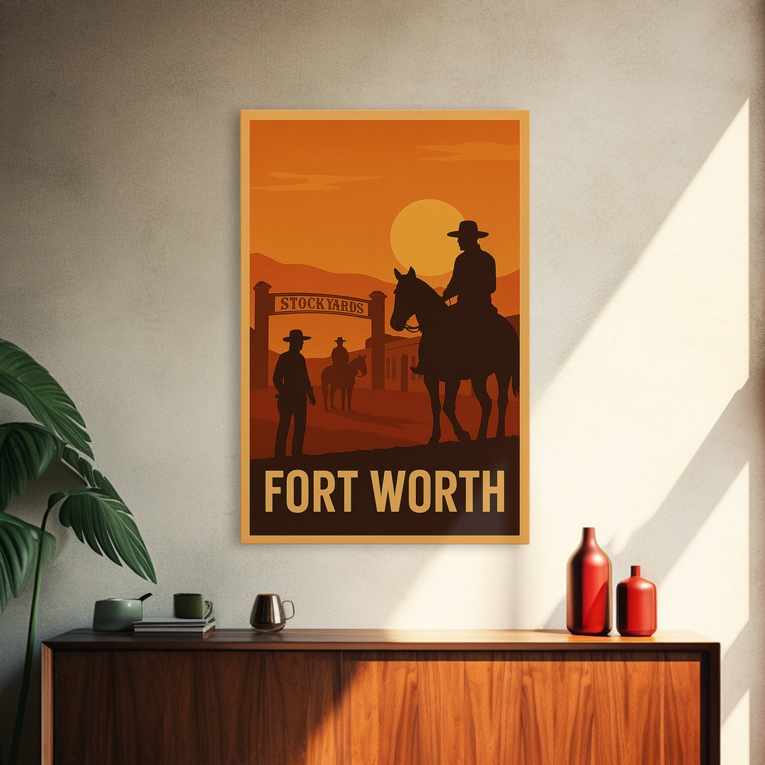 Fort Worth Travel Poster, Framed Canvas Print, Retro Sunset Skyline Art, Fort Worth Poster Print, Living Room Wall Art, Modern Wall Decor