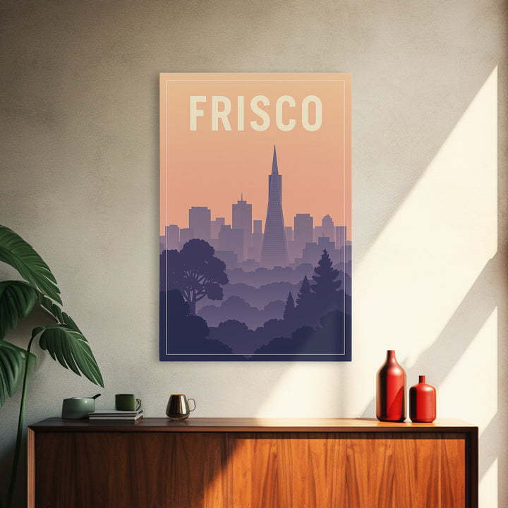 Frisco Texas Travel Poster, Canvas Print, Mid Century City Wall Art, Frisco Wall Art, Wanderlust Decor, Watercolor Downtown Skyline