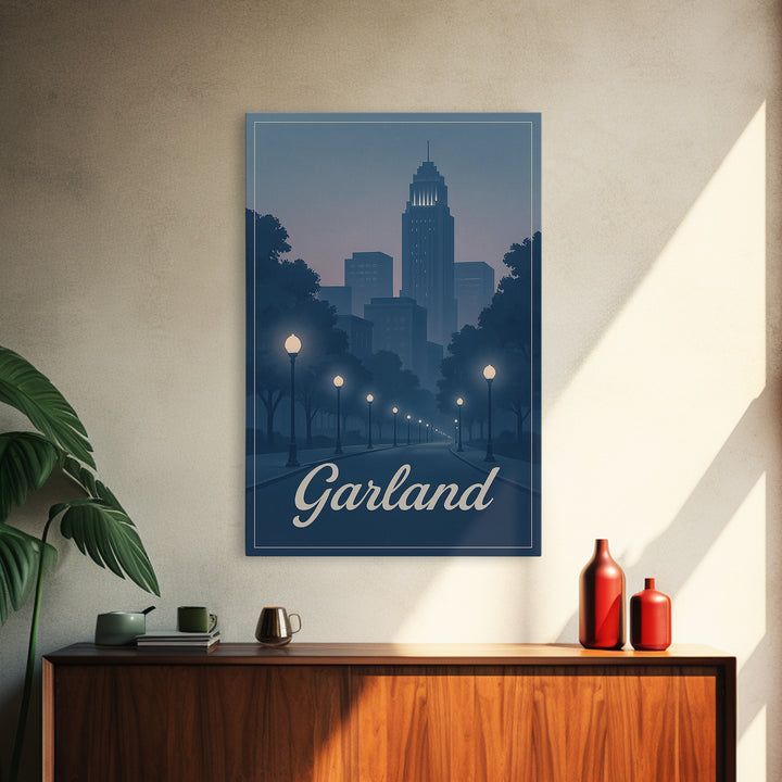 Garland Travel Poster, Canvas Print, Retro Sunset Skyline Art, Garland Poster Print, Wanderlust Decor, Fine Art Print, Modern Wall Decor