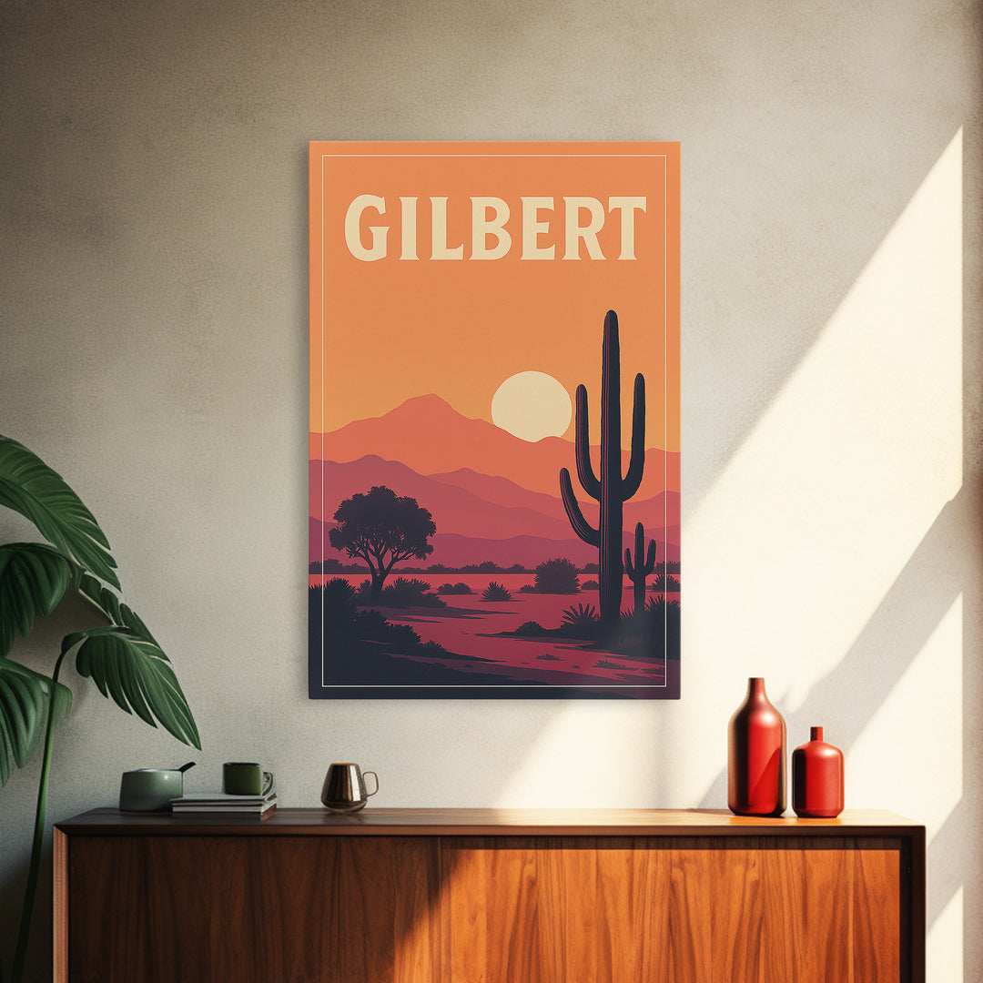 Gilbert Travel Poster, Canvas Print, Retro Sunset Skyline Art, Gilbert Wall Art, Travel Wall Decor, Wanderlust Decor, Fine Art Print