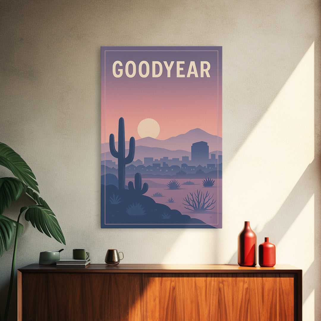 Goodyear Arizona Travel Poster, Canvas Print, Retro Sunset Skyline Art, Goodyear City Art, Wanderlust Decor, Fine Art Print, City Art Print