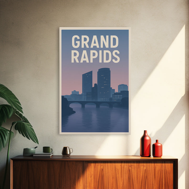 Grand Rapids Michigan Travel Poster, Canvas Print, Retro Sunset Skyline Art, Grand Rapids Art Print, City Art Print, Wall Decor, Wall Art
