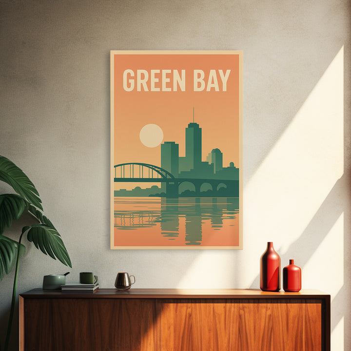 Green Bay Travel Poster, Canvas Print, Retro Sunset Skyline Art, Green Bay Wall Art, Gift For Travelers, Home Office Decor, Home Decor