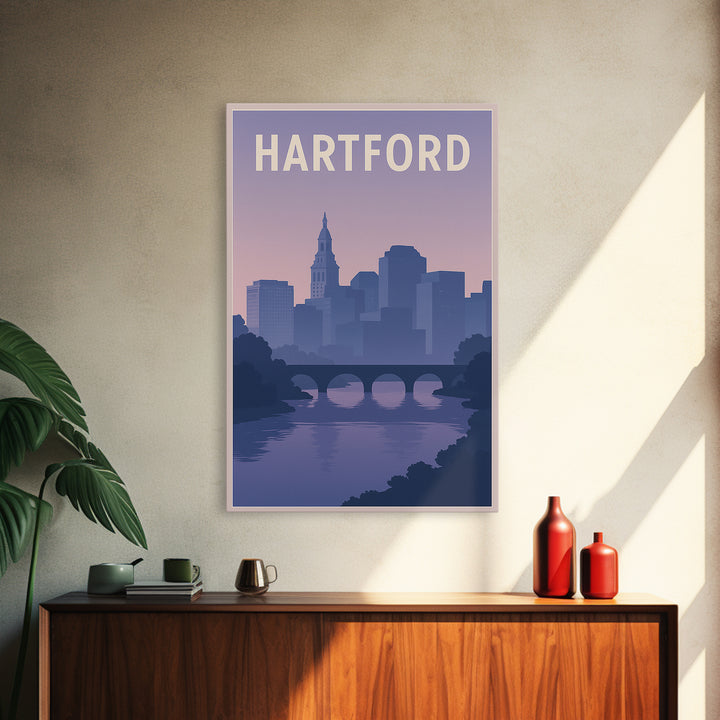 Hartford Travel Poster, Canvas Print, Retro Sunset Skyline Art, Hartford City Art, Travel Wall Decor, City Illustration, Travel Poster Art