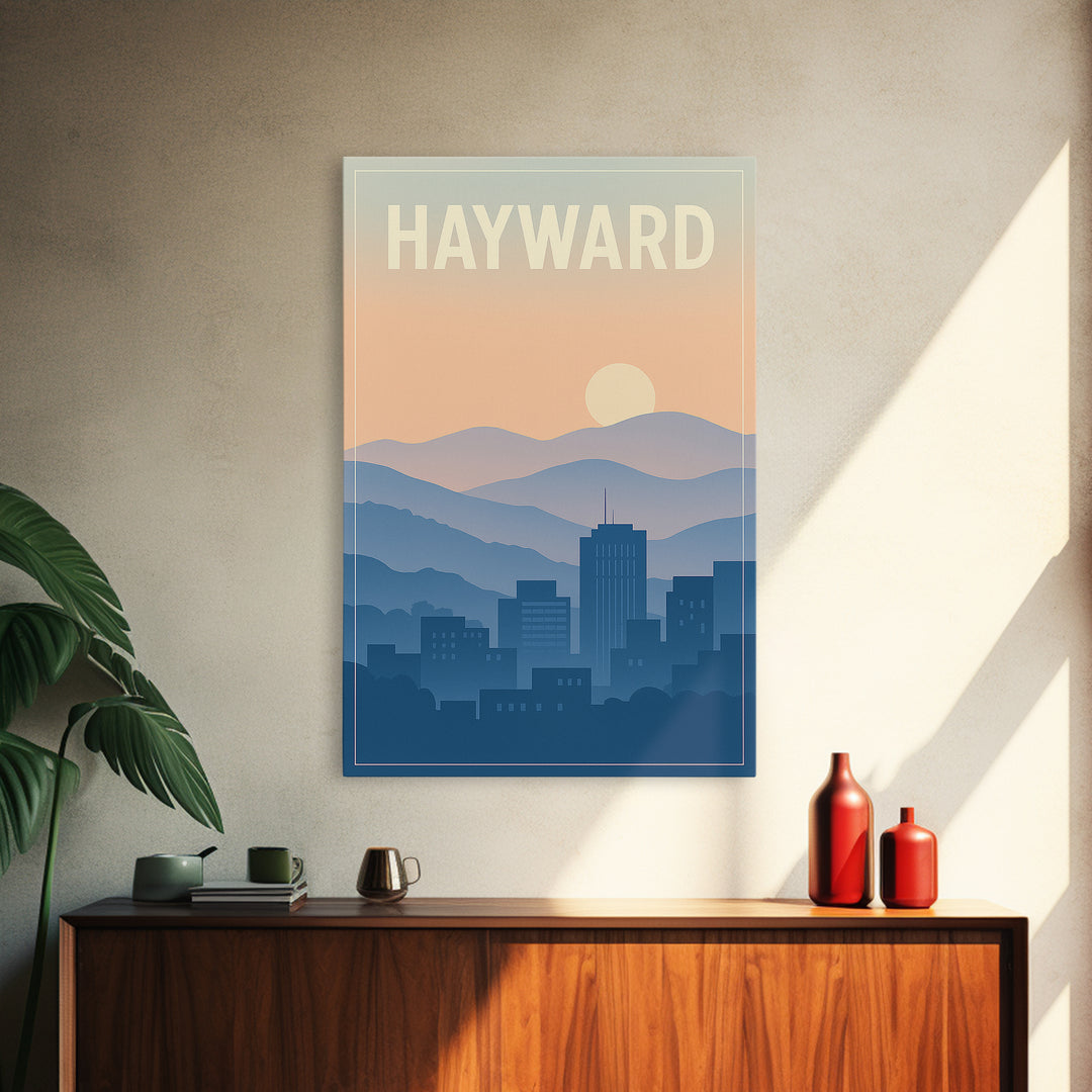 Hayward California Travel Poster, Canvas Print, Retro Sunset Skyline Art, Hayward Art Print, Travel Art Print, Modern Wall Decor, Poster Art