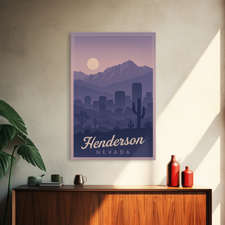 Henderson Travel Poster, Framed Canvas Print, Retro Sunset Skyline Art, Henderson City Art, Retro Travel Print, Mid Century Wall Art