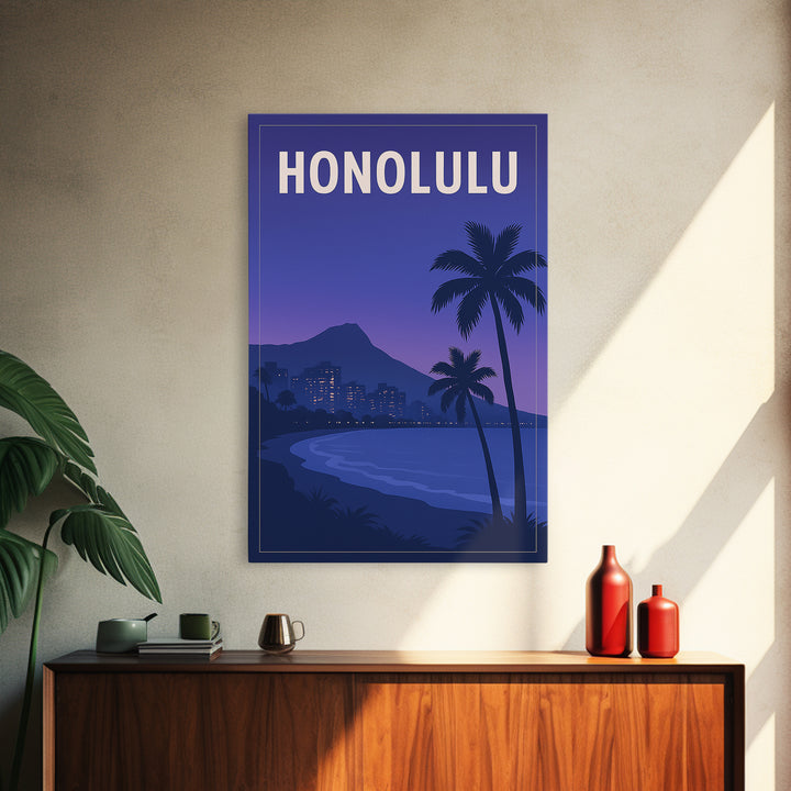 Honolulu Hawaii Travel Poster, Canvas Print, Retro Sunset Skyline Art, Honolulu Wall Art, Mid Century Wall Art, Living Room Wall Art