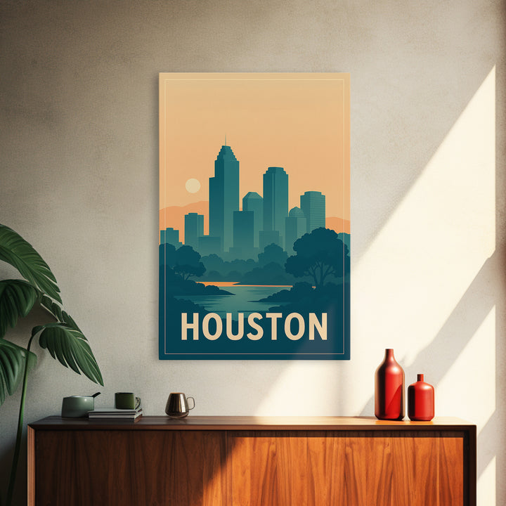 Houston Travel Poster, Framed Canvas Print, Retro Sunset Skyline Art, Houston Travel Art, Modern Wall Decor, Living Room Wall Art