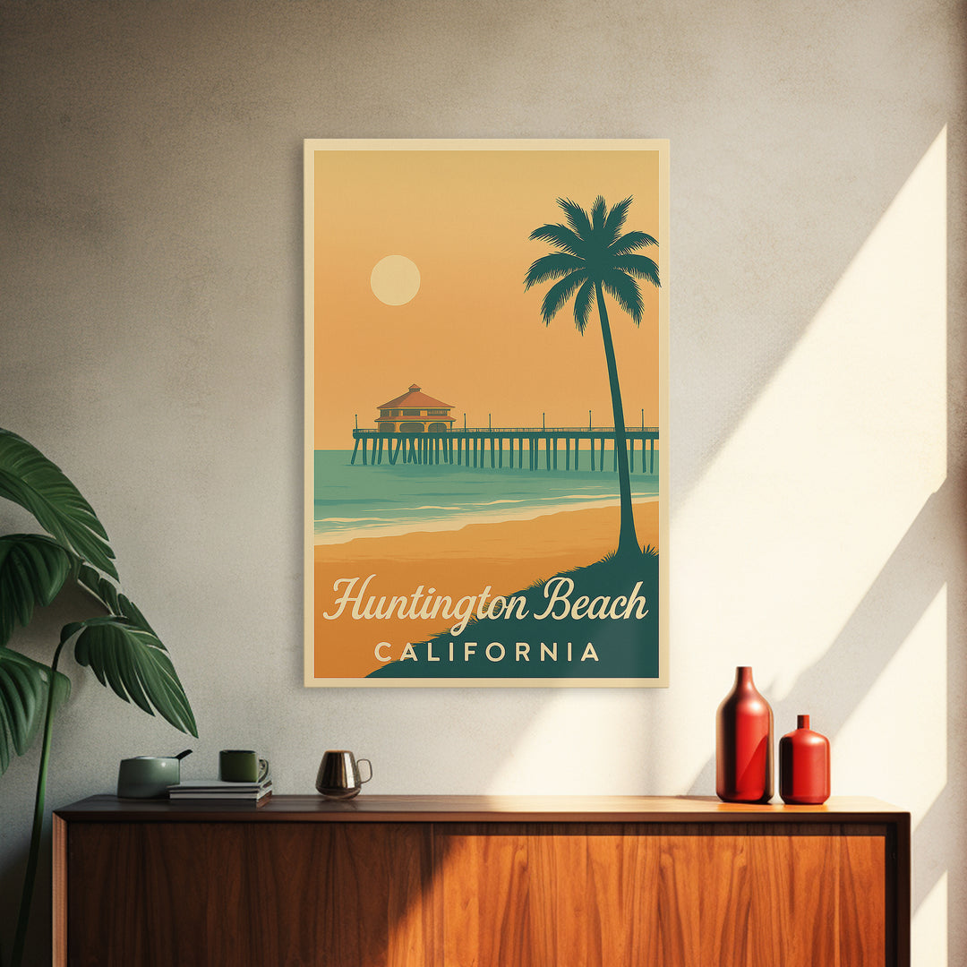 Huntington Beach California Travel Poster, Canvas Print, Retro Sunset Skyline Art, Huntington Beach City Art, Art Print, City Travel Prints