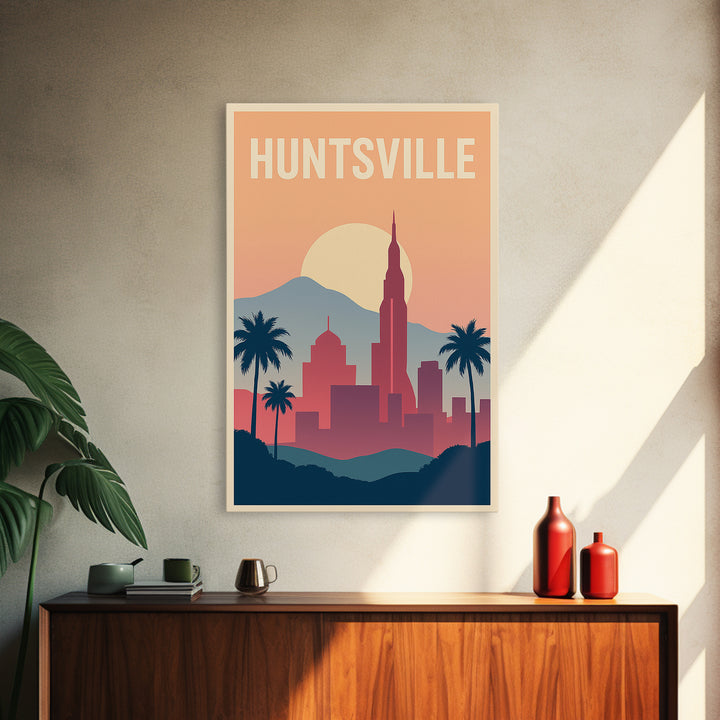 Huntsville Travel Poster, Canvas Print, Retro Sunset Skyline Art, Huntsville Poster Print, City Illustration, Travel Poster Art