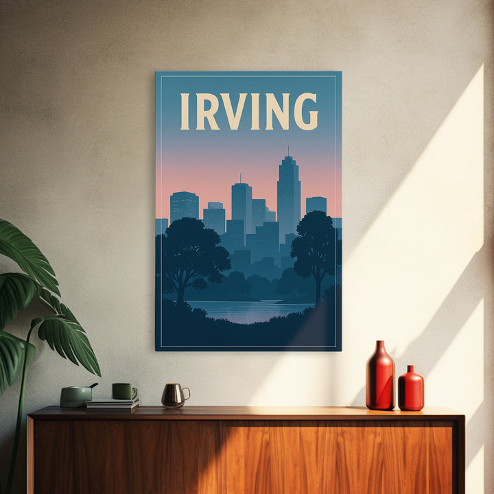 Irving Texas Travel Poster, Canvas Print, Retro Sunset Skyline Art, Irving Poster Print, Wall Decor, Mid Century Wall Art, Art Print