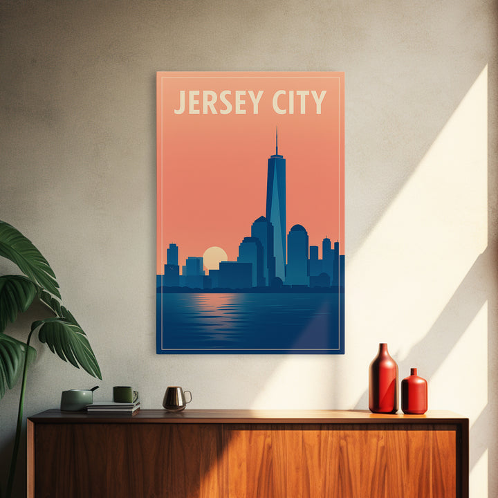Jersey City Travel Poster, Framed Canvas Print, Mid Century City Wall Art, Jersey City Travel Art, Retro Travel Print, Mid Century Wall Art