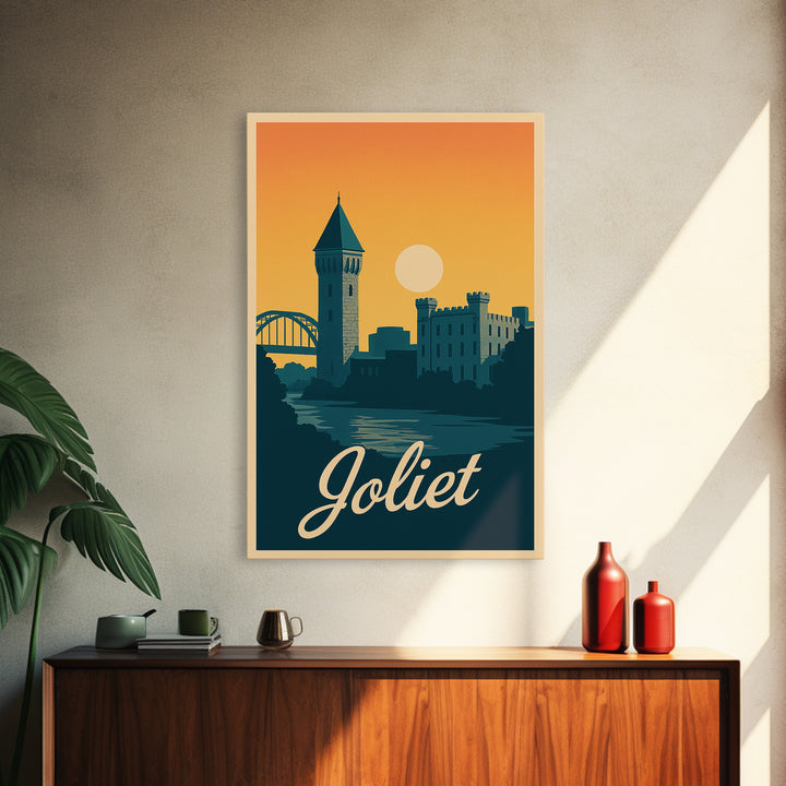 Joliet Illinois Travel Poster, Canvas Print, Retro Sunset Skyline Art, Joliet Wall Art, Watercolor Skyline Art, Travel Wall Decor, Wall Art