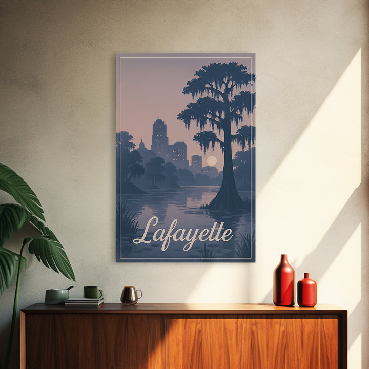 Lafayette Travel Poster, Framed Canvas Print, Retro Sunset Skyline Art, Lafayette Travel Art, Travel Poster Set, Vintage City Poster