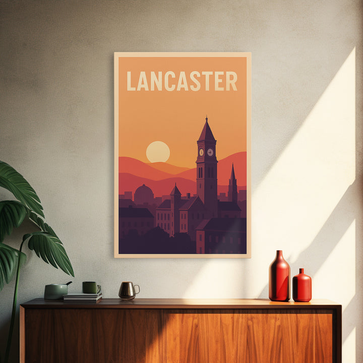 Lancaster Travel Poster, Framed Canvas Print, Vintage Travel Poster Art, Lancaster Poster Print, Mid Century Wall Art, City Illustration