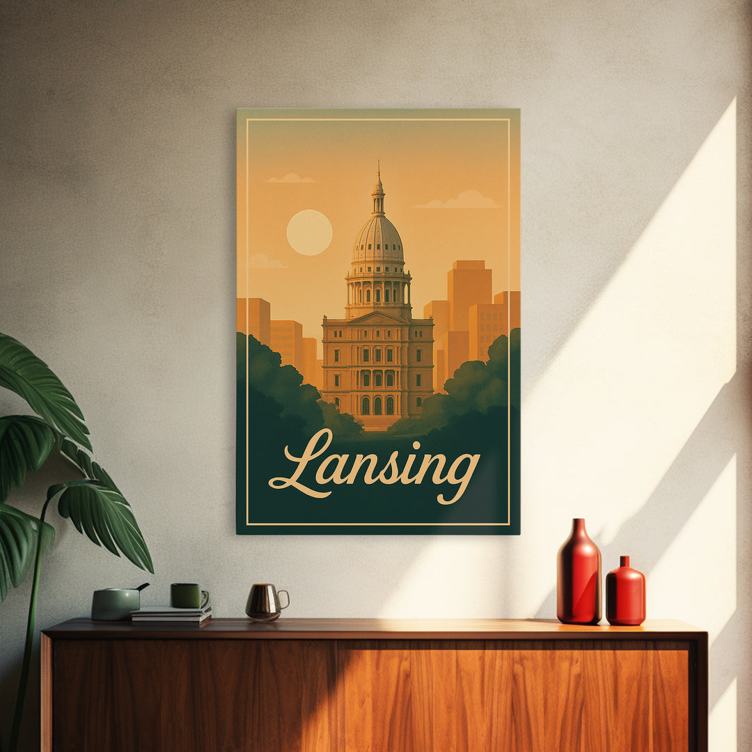 Lansing Michigan Travel Poster, Canvas Print, Classic Poster Art, Lansing City Art, City Illustration, Office Decor, Mid Century Wall Art