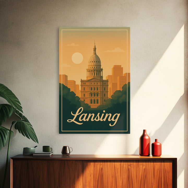 Lansing Michigan Travel Poster, Canvas Print, Classic Poster Art, Lansing City Art, City Illustration, Office Decor, Mid Century Wall Art