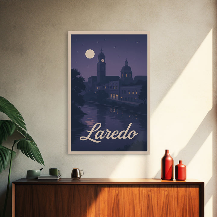 Laredo Travel Poster, Framed Canvas Print, Classic Travel Poster Art, Laredo Wall Art, Travel Wall Decor, Watercolor City Skyline