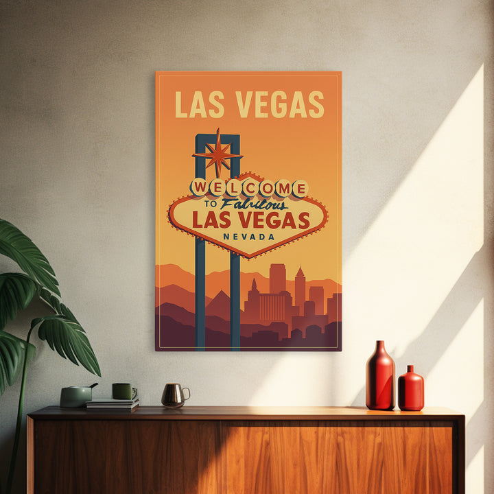 Las Vegas Nevada Travel Poster, Canvas Print, Retro Sunset Skyline Art, Las Vegas Travel Art, Travel Art Print, Mid Century Wall Art
