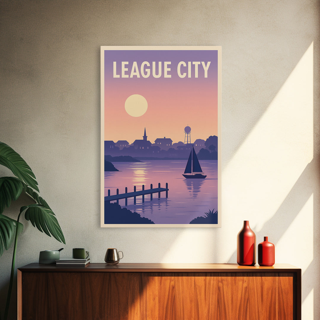 League City Texas Travel Poster, Framed Canvas Print, Retro Sunset Skyline Art, League City Travel Art, Travel Wall Decor, Travel Wall Art