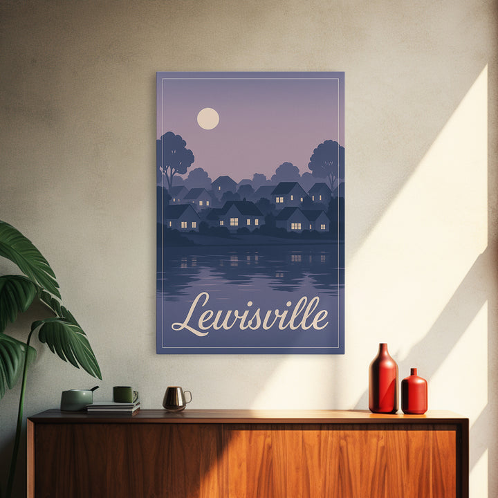 Lewisville Travel Poster, Framed Canvas Print, Retro Sunset Skyline Art, Lewisville Wall Art, Home Office Decor, Wanderlust Decor