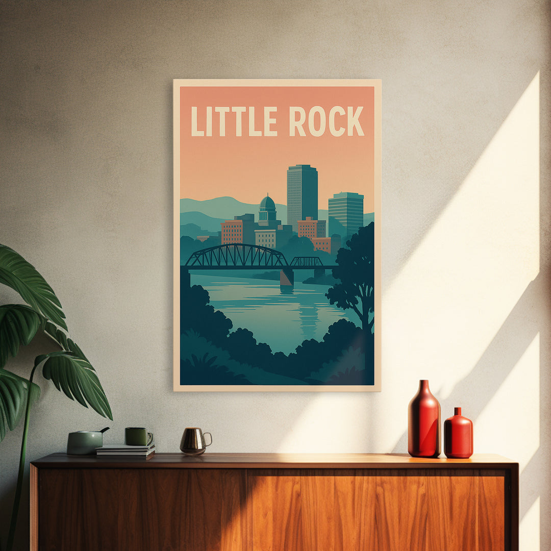 Little Rock Arkansas Travel Poster, Canvas Print, Retro Sunset Skyline Art, Little Rock City Art, Home Office Decor, Retro Travel Print