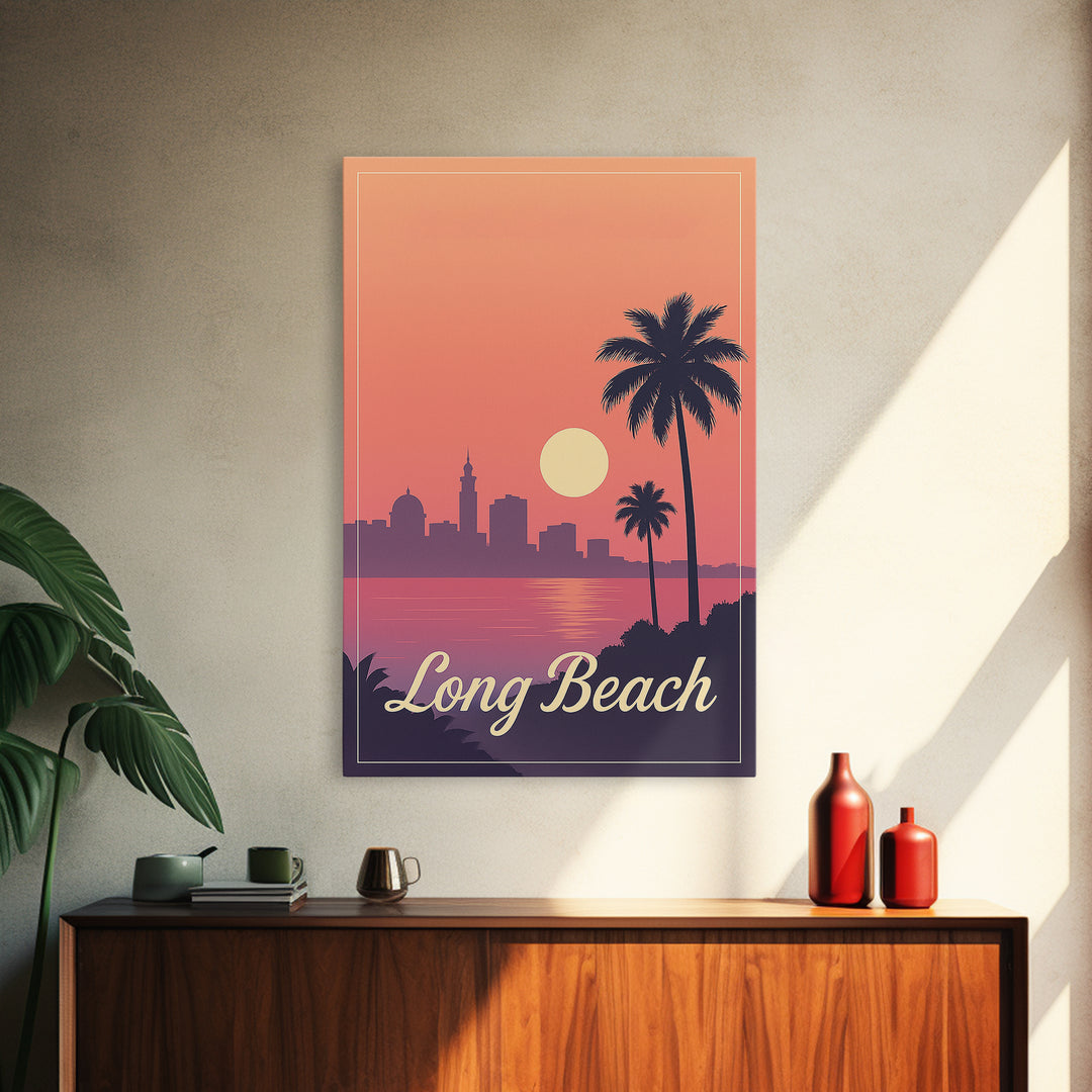 Long Beach California Travel Poster, Canvas Print, Retro Sunset Skyline Art, Long Beach Art Print, Vintage Travel Art, City Travel Prints