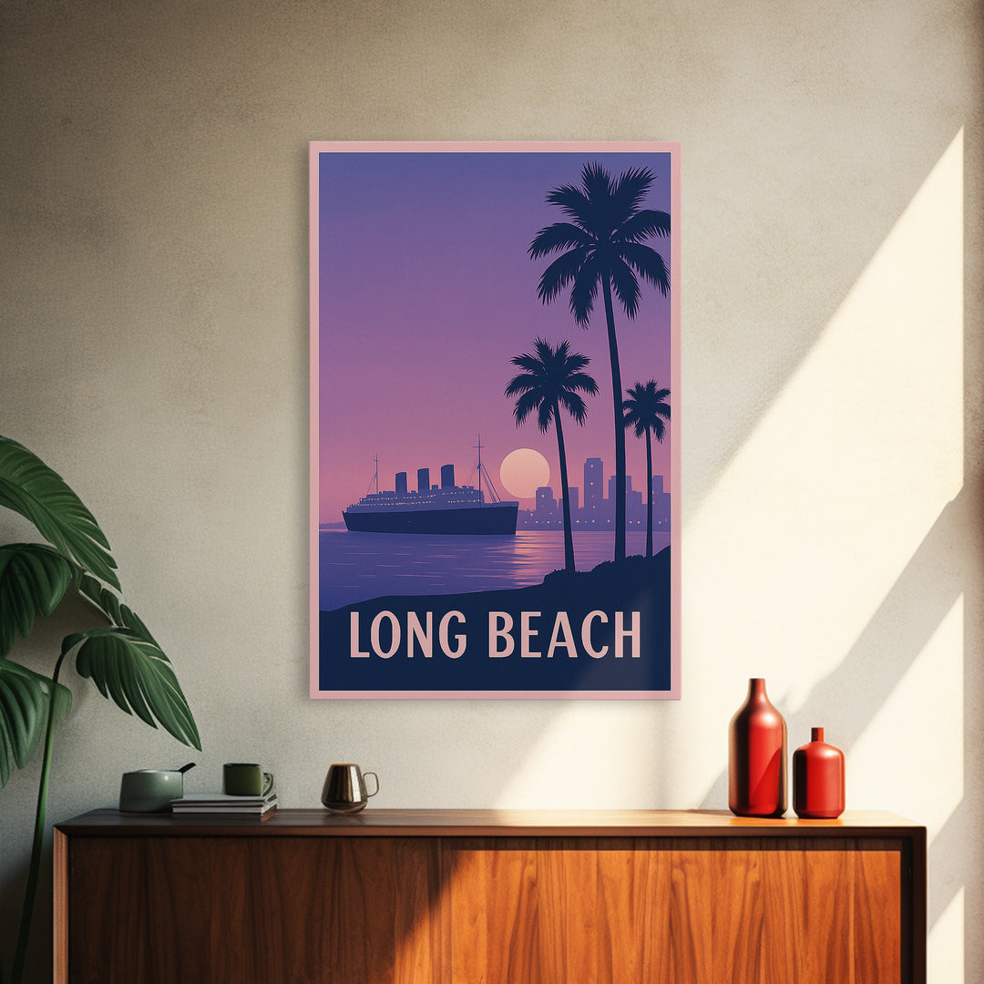 Long Beach Travel Poster, Framed Canvas Print, Mid Century City Wall Art, Long Beach Wall Art, City Art Print, Wanderlust Decor