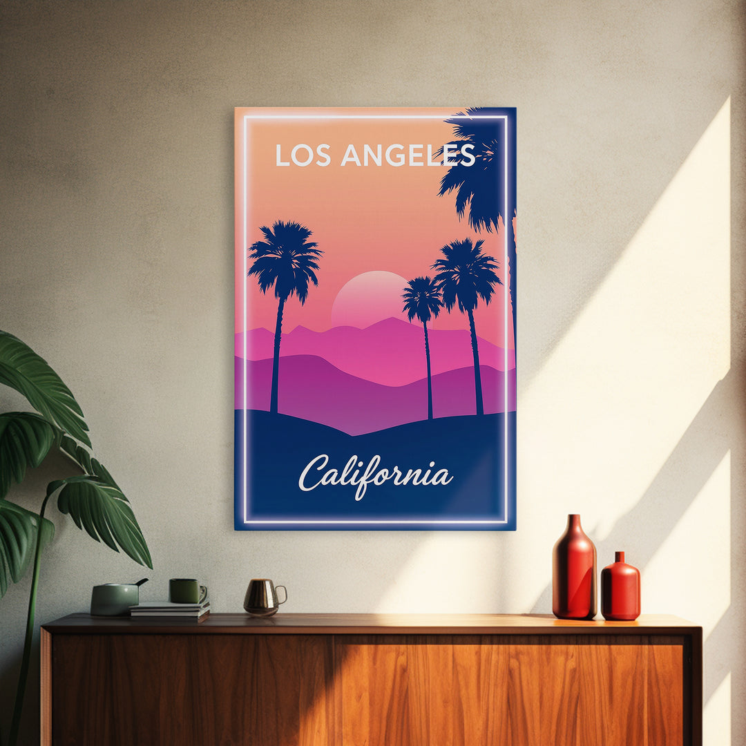 Los Angeles Travel Poster, Framed Canvas Print, Retro Sunset Skyline Art, Los Angeles Travel Art, Retro Travel Print, City Travel Prints