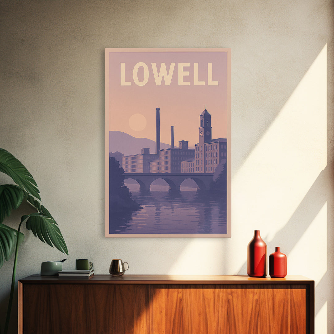 Lowell Massachusetts Travel Poster, Canvas Print, Retro Sunset Skyline Art, Lowell Travel Art, Poster Art, Fine Art Print, Travel Wall Art