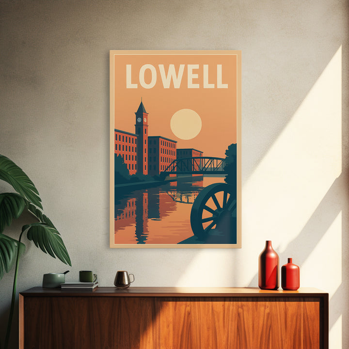 Lowell Travel Poster, Canvas Print, Retro Sunset Skyline Art, Lowell Art Print, Gift For Travelers, Mid Century Wall Art, Travel Art Print