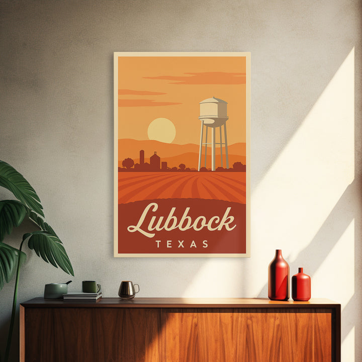Lubbock Texas Travel Poster, Framed Canvas Print, Retro Sunset Skyline Art, Lubbock Poster Print, Wanderlust Decor, Travel Poster Set