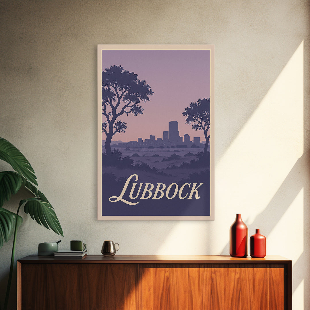 Lubbock Travel Poster, Framed Canvas Print, Retro Sunset Skyline Art, Lubbock Wall Art, Wanderlust Decor, Modern Wall Decor, Art Print