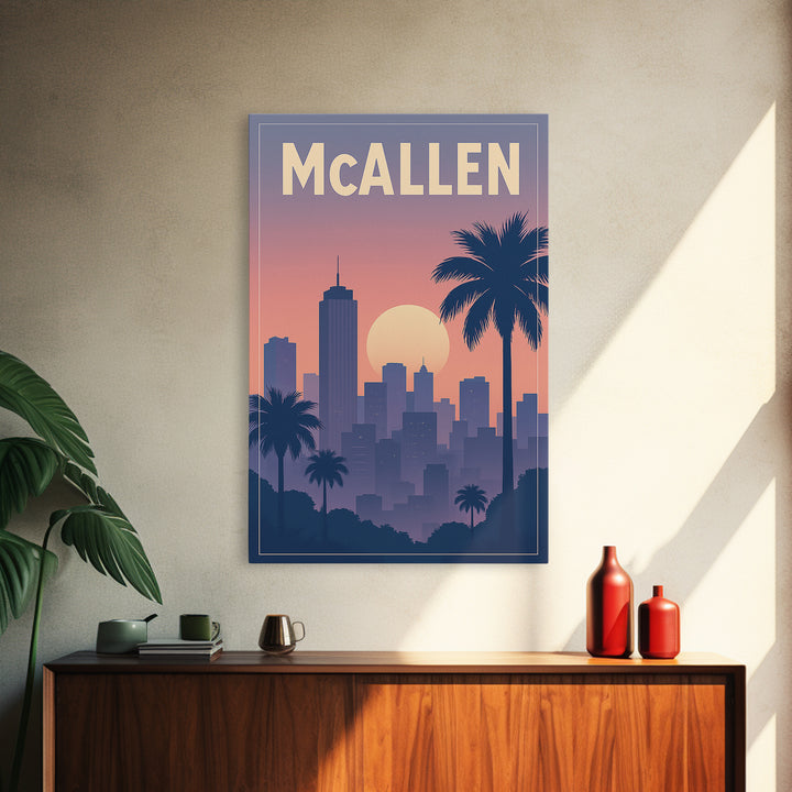 Mcallen Texas Travel Poster, Framed Canvas Print, Retro Sunset Skyline Art, Mcallen Wall Art, Eclectic Wall Decor, City Travel Prints