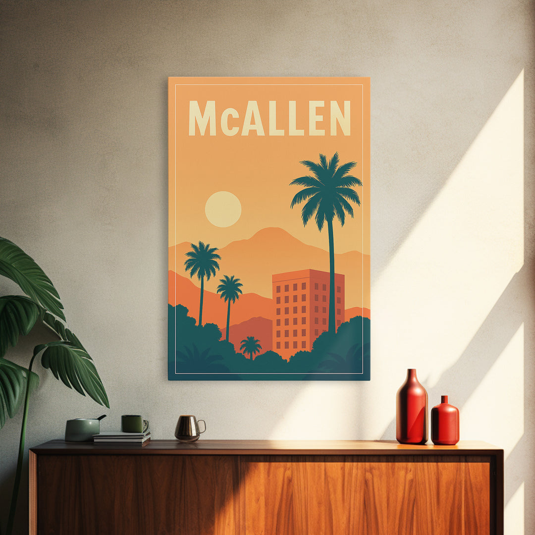 Mcallen Travel Poster, Framed Canvas Print, Mid Century City Wall Art, Mcallen Art Print, Mid Century Wall Art, Gift For Travelers