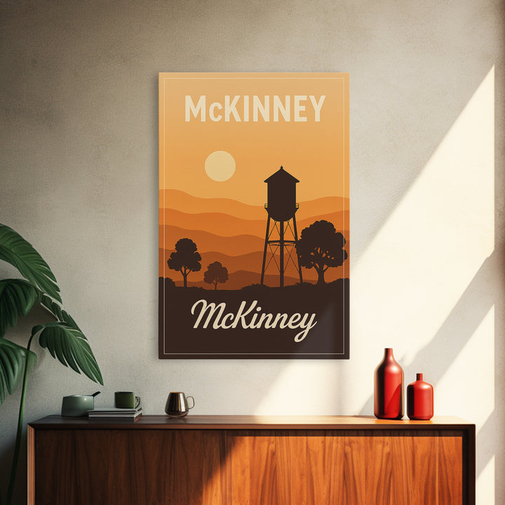 Mckinney Texas Travel Poster, Canvas Print, Retro Sunset Skyline Art, Mckinney Travel Art, Vintage Travel Art, Vintage Travel Print